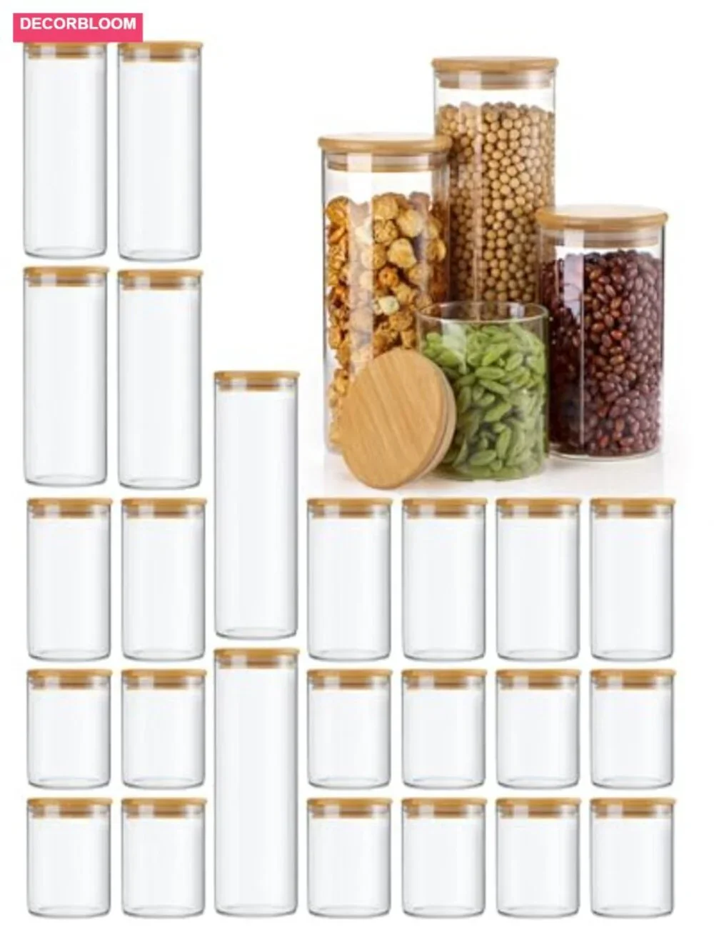 24 Pcs Glass Storage Jars with Bamboo Lids, 4 Sizes Airtight Food Containers